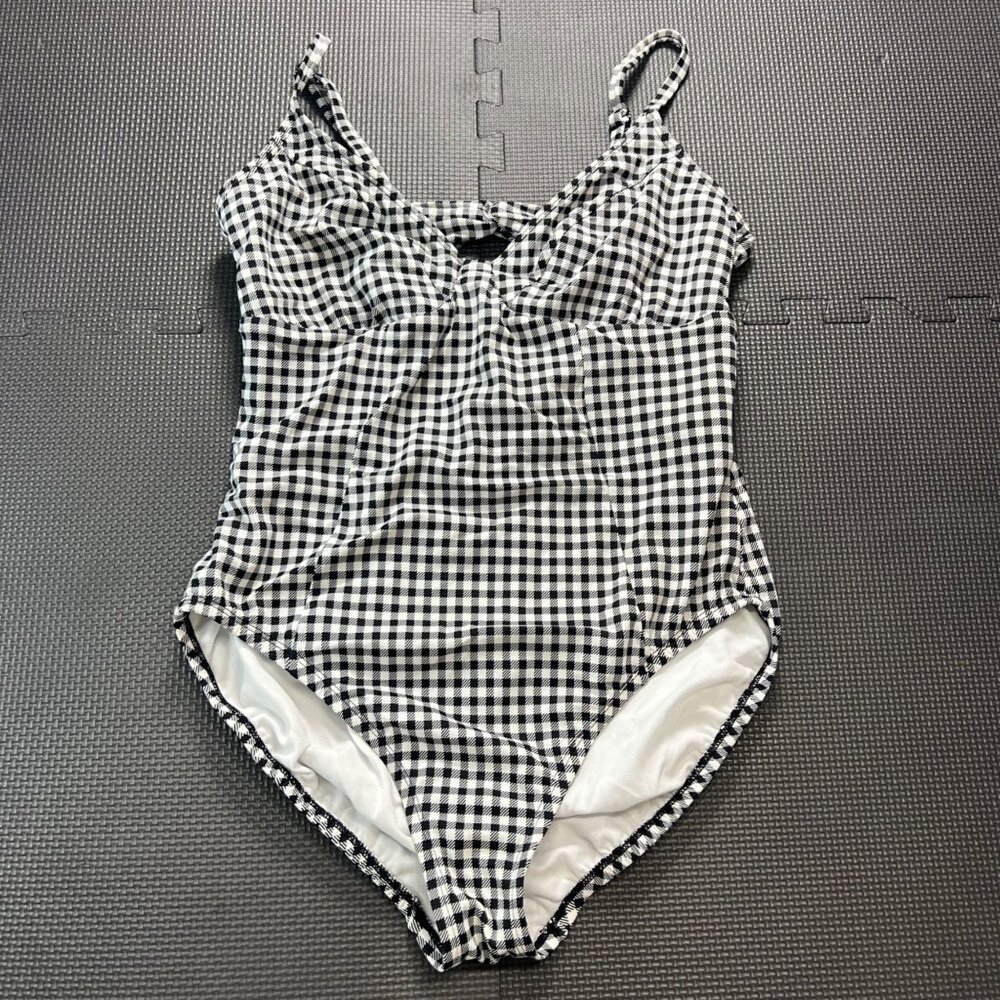 Time And Tru Womens Black & White Gingham One-Piece Swimsuit L (12-14) Nylon/Spa